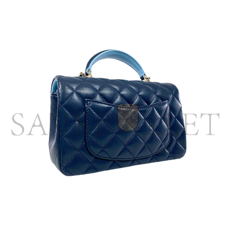 Ch*el mini top handle rectangular flap bag quilted lambskin navy and light blue 360047 (20*13*6cm)